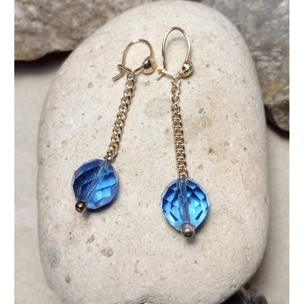 Blue Crystal Bead Gold Plated Chain Drop Dangle Earrings